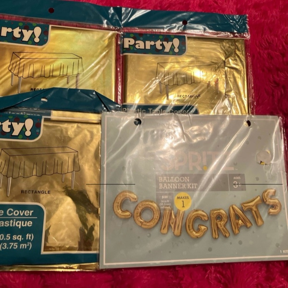 BRAND NEW! Gold Table Cover (3) & Congrats Gold Balloon Banner Kit (1)